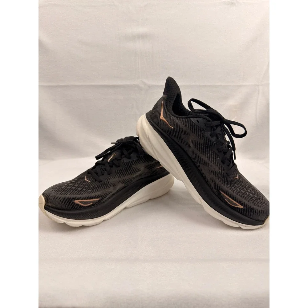 Hoka Clifton 9 Womens Running Shoes Black Rose Gold Metallic 1127896 8B